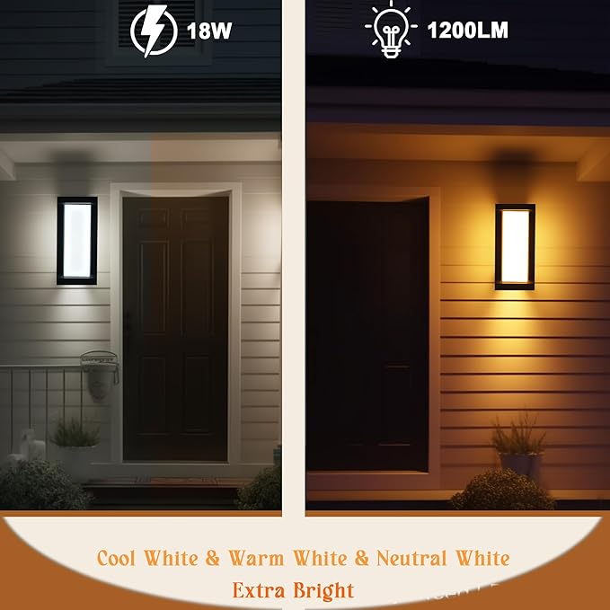 Outdoor Wall Sconce Lights 2Pack Square LED Outdoor Wall Lights 18W 3CCT Selectable 3000K 4000K 5000K Daylight Modern Waterproof Exterior Wall Light for House Porch Garage