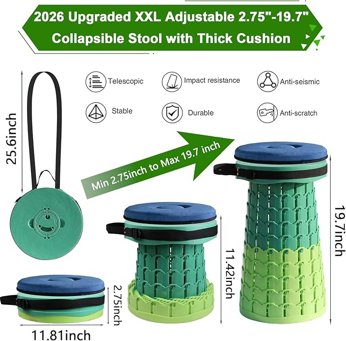 2026 Upgraded XXL Collapsible Stool with Thick Cushion19.7H-11.8D Telescoping Folding Stool for Adults More Sturdy Camping Stools with Load Capacity 1000lbs for OutdoorGardenFishingHiking
