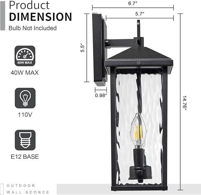 Darkaway Outdoor Wall Lights Exterior Lighting Fixtures Wall Mount Porch Lights Waterproof Outdoor Sconce with Water Ripple Glass E12 Socket for House Patio Hallway Garage