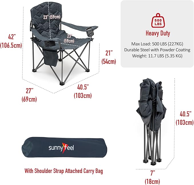 SUNNYFEEL XXL Oversized Camping Chair Heavy Duty 500 LBS for Big Tall People Above 6'4 Padded Portable Folding Sports Lawn Chairs with Armrest Cup Holder &amp Pocket for Outdoor/Travel/Picnic/Camp