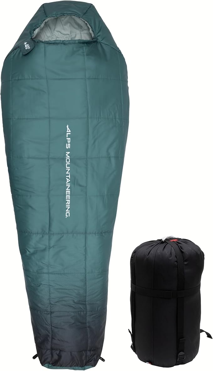 ALPS Mountaineering Vibe +40° Long Sleeping Bag – Lightweight 3-Season Mummy Bag with TechLoft Micro Insulation Ripstop Shell &amp Compression Sack for Camping Hiking &amp Backpacking