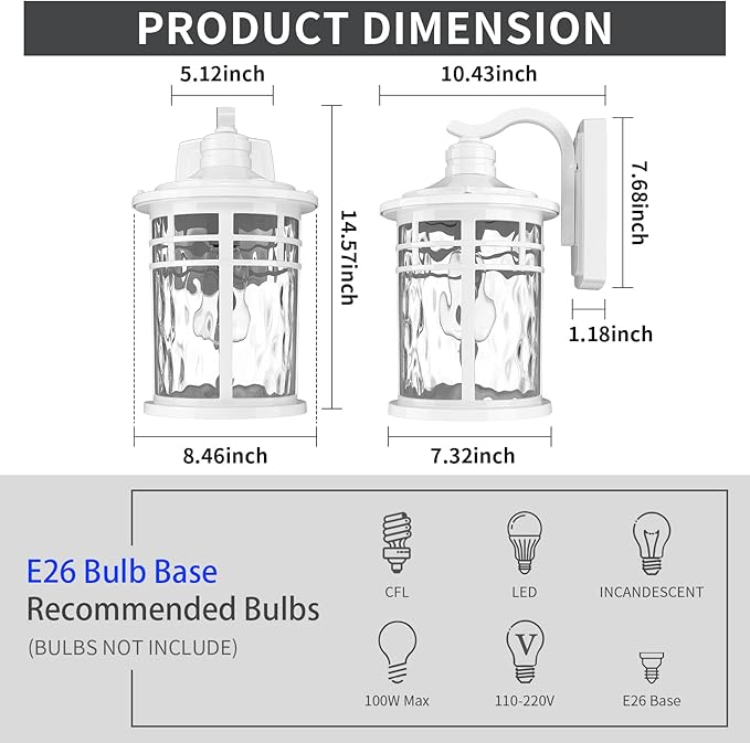 Darkaway Outdoor Wall Light Fixture2pcs 14.57inch Large Outside Porch Lights Wall Mounted Water Ripple Glass Exterior Waterproof Lantern Modern Wall Sconce Lighting for House Front Door