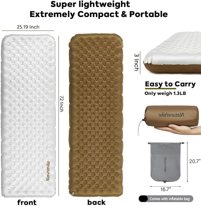 Naturehike 5.8/8.8 R-Value Camping Sleeping Pad3.1-4.7 Ultra-Thick1-1.4LB Ultralight Camping Mat with Inflatable BagBackpacking Inflatable Foam Camping Mat for CarHiking
