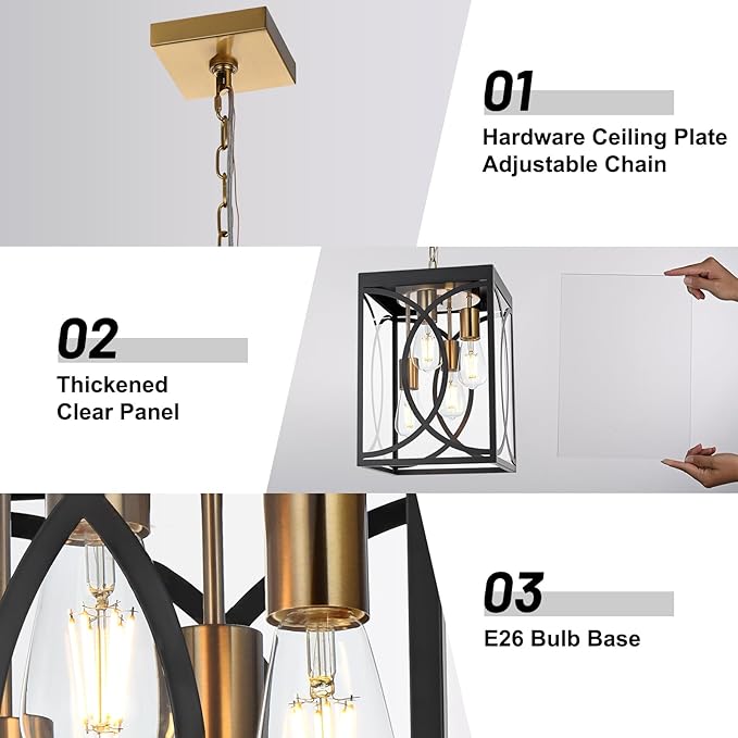 4-Lights Large Outdoor Pendant Light Fixture E26 Bulb Base Porch Hanging Lighting in Black &amp Brushed Brass Modern Exterior Lantern Chandelier Ceiling Mount for Patio Front Door