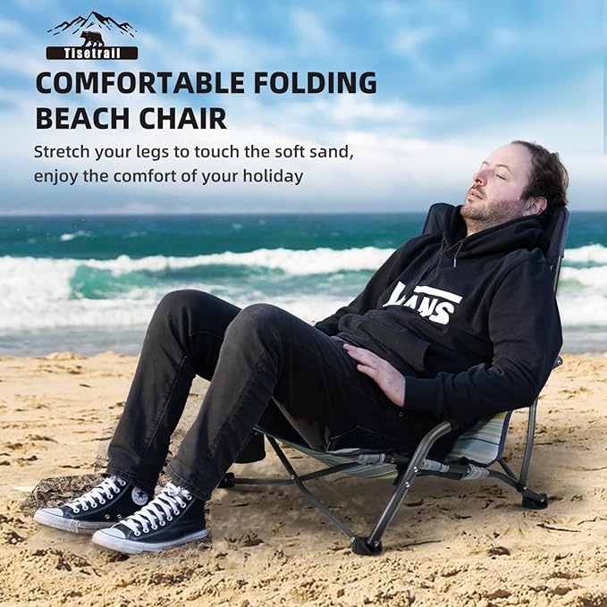 Portable Beach Chair for Adults Low Back Sling Chair with Cup Holder Folding Sand Chair Lightweight Lawn Chair for Beach Lawn Camping Concert Travel Supports 300lbs