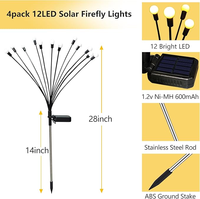 Solar Garden Lights Outdoor 4 Pack 40 LED Solar Firefly Lights Waterproof Sway by Wind Swaying Light for Yard Patio Backyard Garden Planter Flower Bed Pathway Outdoor Decoration (Warm White)