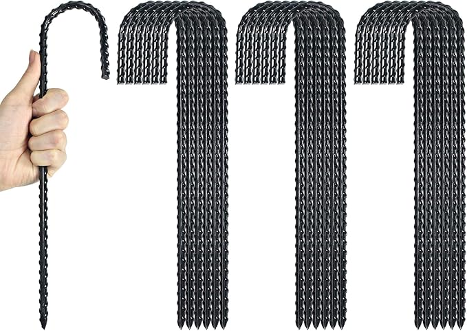 12 Inch Rebar Stakes Heavy Duty J Hook Coated Steel Ground Stakes Tent Stakes Ground Anchors for Chain Link Fence Stakes and Trampoline Stakes (24)