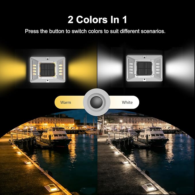 Solar Deck Lights 12 Pack 2 Colors Driveway Lights Solar Powered IP67 Waterproof Aluminum LED Outdoor Marker Solar Lights for Driveway Garage Pathway Stairs Lake Yard(White/Yellow)
