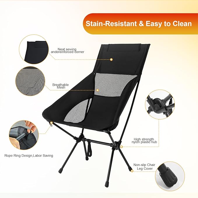 IEJ High Back Camping Chair Ultra-Lightweight Compact Folding Backpacking Chair for Adults with Carry Bag Quick Setup for Outdoor Camping Beach &amp Hiking Travel-Black
