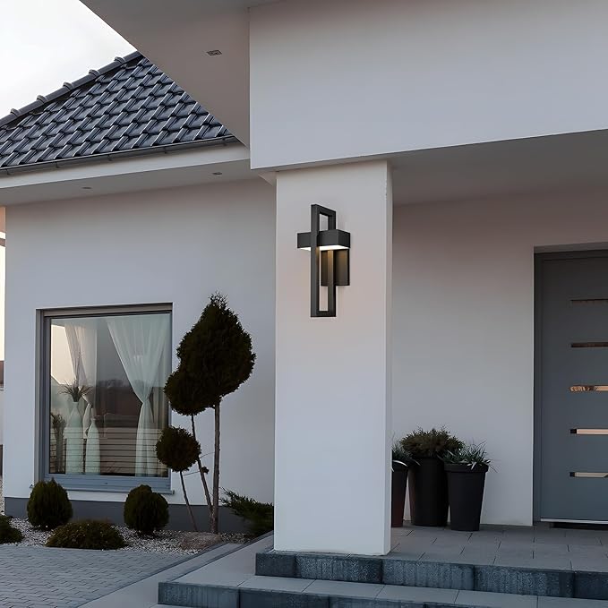 Krychiler 16.5 Inch Contemporary Outdoor Wall Lights with 3000K Integrated LED 2 Packs Matte Black Metal Modern Exterior Lighting Fixtures Outside Wall Mount for House Porch Patio Garage Front Door