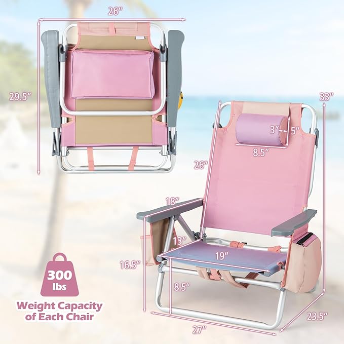 Goplus Beach Chair Folding Backpack Beach Chairs for Adults with 5 Positions Head Pillow Cooler Bag Towel Bar Cup Holders Sunbath Sling Tanning Lounge Foldable Layout Camping Chairs