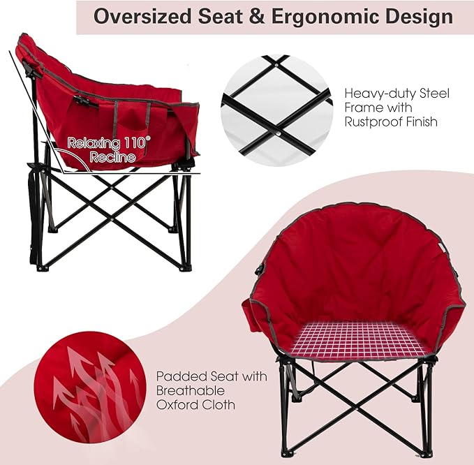 S AFSTAR Oversized Camping Chair Cushion Padded Moon Round Saucer Chair w/Cup Holder &amp Carry Bag Outdoor Leisure Folding Chair Portable Folding Camp Chair for Camping Fishing Supports 300lbs (