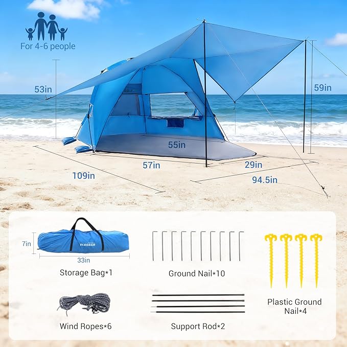 Elegear CumbreX™ Beach Tent with 360° Removable Canopy 4-6 Person Pop Up Sun Shade Shelter UPF 50+ Automated Installation Double Silver Coating Portable Lightweight Beach Cabana for Beach/Outdoor