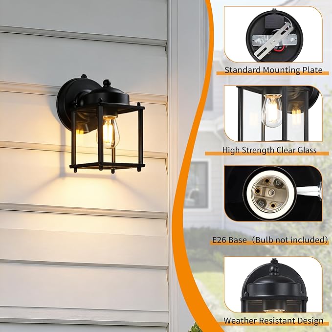 LIT-PaTH Dusk to Dawn Outdoor Wall Lantern Exterior Waterproof Wall Sconce Light Proch Lighting Fixture with E26 Socket Modern Outside Lights for Front Door Garage Patio Black 2 Pack