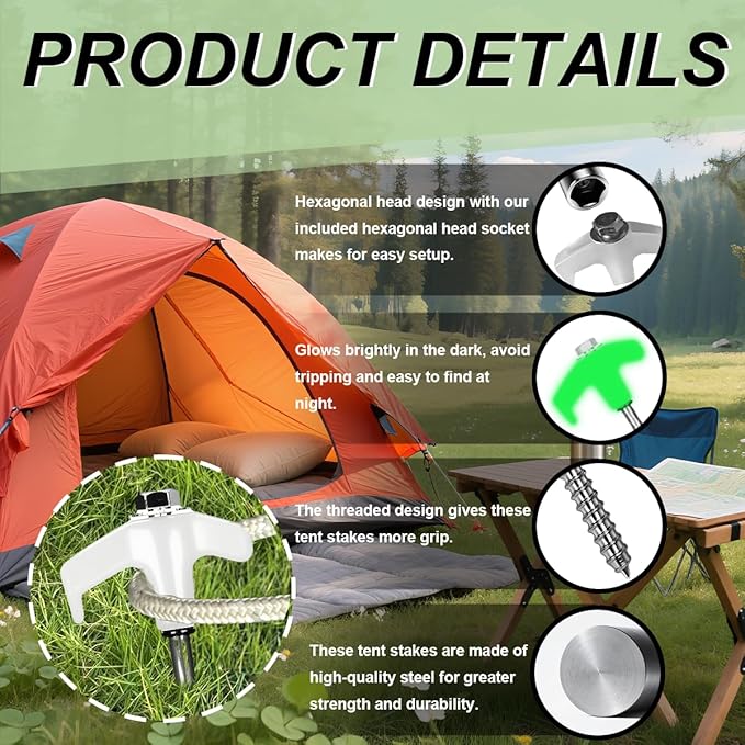 12 Pack 8 Inch Screw in Tent Stakes Heavy Duty Ground Anchors Screw in with Grow in The Dark Heads Camping Stakes Metal Threaded Tent Spikes with Hex Head Driver &amp Storage Box