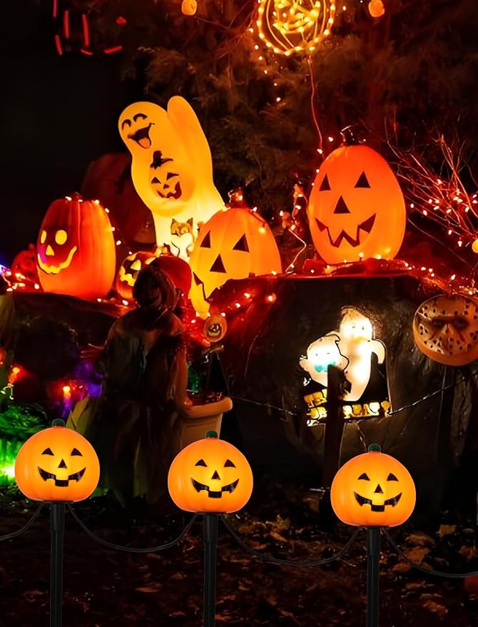 4 Pack Halloween Pumpkin Pathway Marker Lights with C7 Clear Bulbs 7Ft Pumpkin Night Light with 4 Stakes Extendable Waterproof Pathway Decor for Yard Porch Lawn Pathway Garden Chirstmas