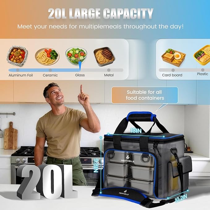 20L Large Heated Lunch Box Insulated Lunch Bag Auto Temp Control Electric Lunch Box for Adults Men 12/24/110V Portable Food Warmer for Truck/Car/Work/Travel Lonchera Eléctrica Portátil