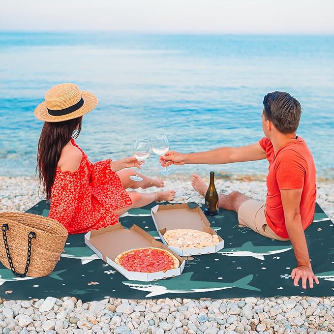 Waterproof Sandproof Beach Blanket 59''×68'' Sharks Polyester Outdoor Picnic Blanket with 4 Stakes &amp Storage Bag for BeachCampingVacation Oceans