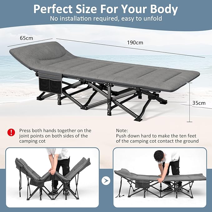 Camping Cot Folding Cot Bed for Adults with Built-in Mattress and Pillow Portable Outdoor Sleeping Cot for Camping and Travel with Carry Bag Grey Max Load 450 LBS