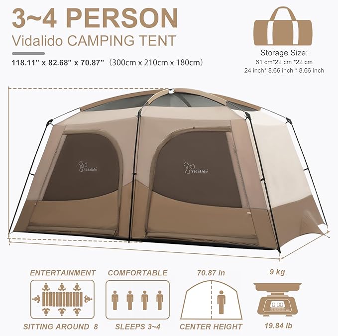 Vidalido Tents3-4 Person Camping Tent with Extended VestibuleWeather Resistant Family Tents with Breathable Mesh WindowsEasy Install Waterproof Outdoor Tent for Backpacking and Camping Hiking