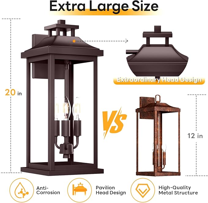 20 Oil Rubbed Bronze Outside Lighting for House 3-Light 2 Pack Brown Large Vintage Outdoor Sconce Lights Porch Patio Lights Wall Mount Waterproof Exterior Carriage Lamps E12