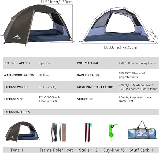 ThreeBears 2-Person Camping Tent Waterproof &amp Windproof Lightweight Backpacking Tent for Hiking Camping Mountaineering &amp Travel - Durable &amp Easy Setup