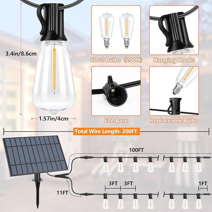 Bosceos Solar Outdoor String Lights Waterproof 200FT Solar Powered String Lights for Outside with Shatterproof Bulbs Dimmable ST38 LED Lights String Patio Hanging Lights for Backyard Garden Party
