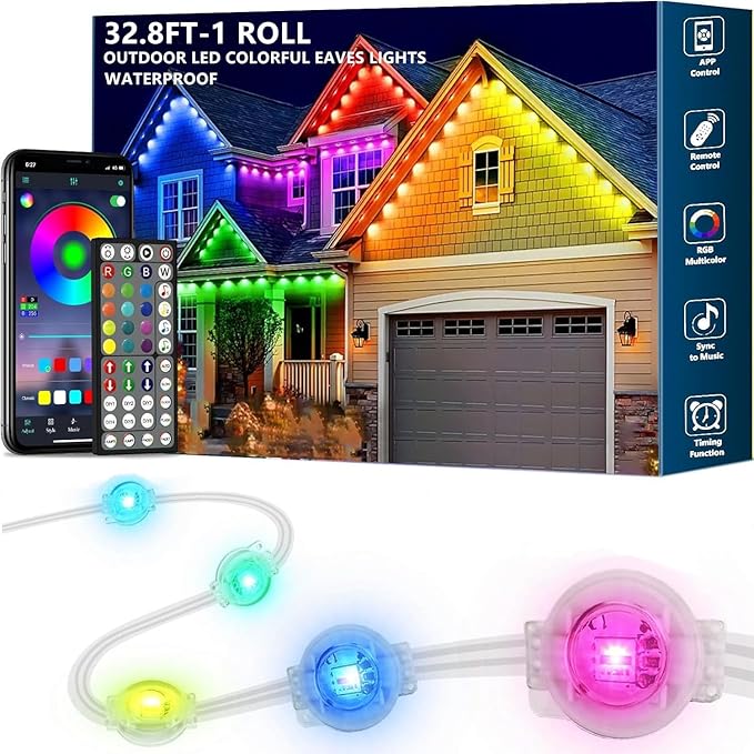 32.8FT Permanent Outdoor RGB LightsIP67 Waterproof Smart LED Eaves Lights with App/Remote Controlfor Christmas and All Holiday DecorDaily and Accent LightingHouse Roof and Garden Lighting