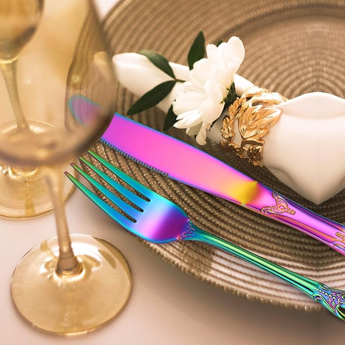 Retro Silverware Rainbow Set for 4 Stainless Steel Flatware 20 Pieces include Knives Spoons Forks With Vintage Relief Design Handle Durable Elegant Festival Parties Kitchen Utensils