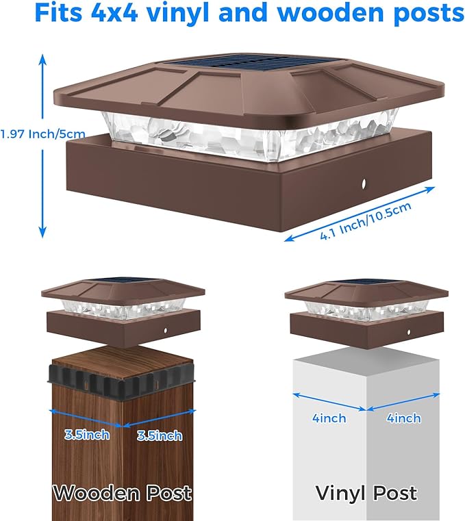 Peasur 4x4 Solar Post Cap Lights Outdoor with 3 Modes 20 Packs Brown Fence Deck Light Solar Powered Waterproof Wood/Vinyl Posts Top Lights for Yard Garden Patio Porch Railing Outside