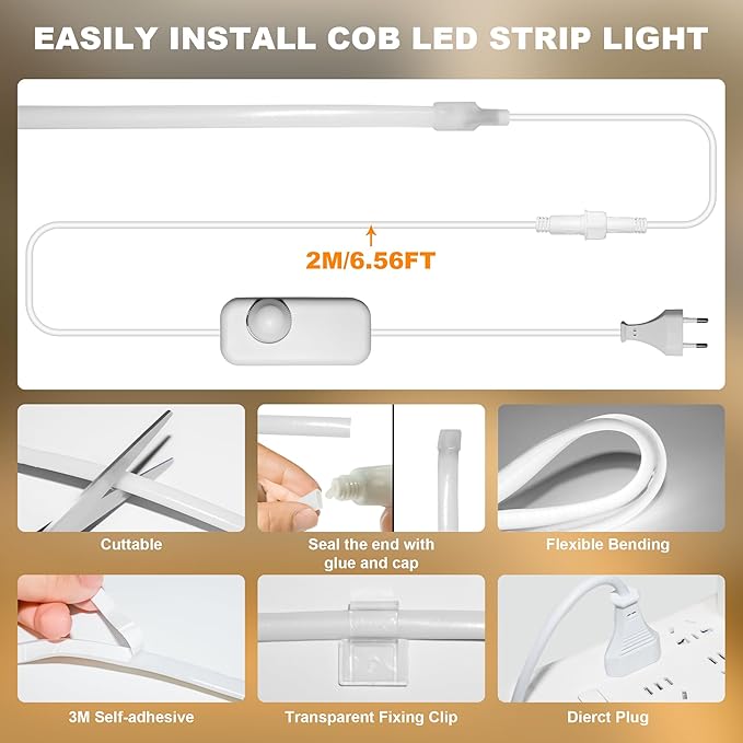 IP67 Waterproof COB LED Strip Lights AC 110V-120V Direct Plug 66FT Super Bright Outdoor Strip Lights with Double Fuse Controller 6500K White LED Strips for Garden Patio Commercial Decor