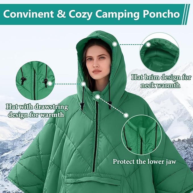 Camping Outdoor Blanket Ultralight Down Alternative Printed Travel Camp Blankets for Sleeping Packable Waterproof Puffy Quilt for Hammock Picnic Stadium Beach Cold Weather (Green Blanket Poncho)