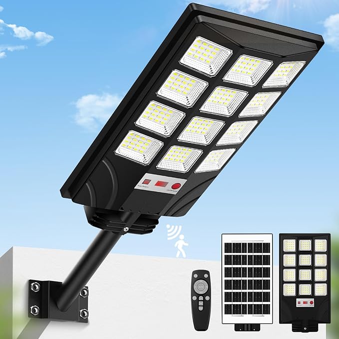 Solar Street Lights Outdoor Waterproof Motion Sensor Solar Powered Lights with Remote Control 20000LM 6500K Dusk to Dawn Parking Lot Flood Light with 192 LED Beads for Outside Garage Yard 1-Pack