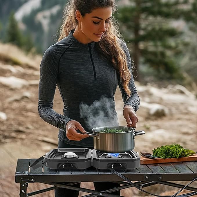Adjustable 2-Burner Portable Stove with 16000 BTU with Camping Grill and Carrying Bag Portable Propane Camp Stove with 2 Burners &amp Piezo Ignition for Camping Backyard BBQTailgating (Black)
