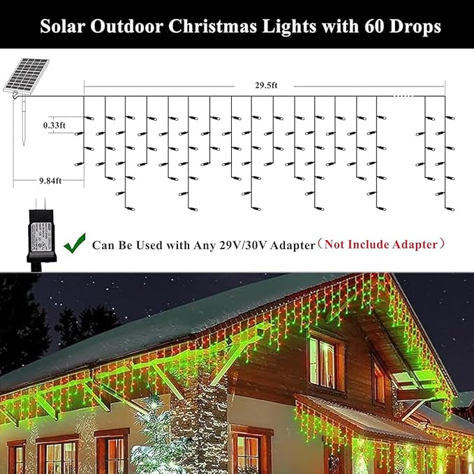 320LED Solar Christmas Lights Outdoor Waterproof Christmas Decorations Lights 29.5ft 60 Drops8 Modes Solar Powered Rechargeable Fairy Lights for Party HolidayWedding Decorations (Red and Green)