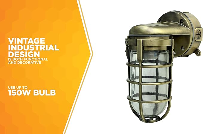 Woods L1707SVAB Traditional 100W Incandescent Weather Industrial Light Suitable for Indoor and Outdoor Use Wall Mount Metal Die Cast Construction and Tempered Glass Lens Antique Brass
