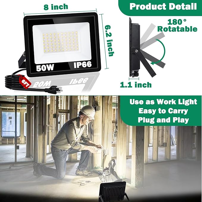 50W 2 Pack LED Flood Light Outdoor IP66 Waterproof 5000K Daylight White 6000LM Super Brighter Work Light with 6ft Cord and Plug Exterior Floodlight Security Lights for Yard Garage Garden