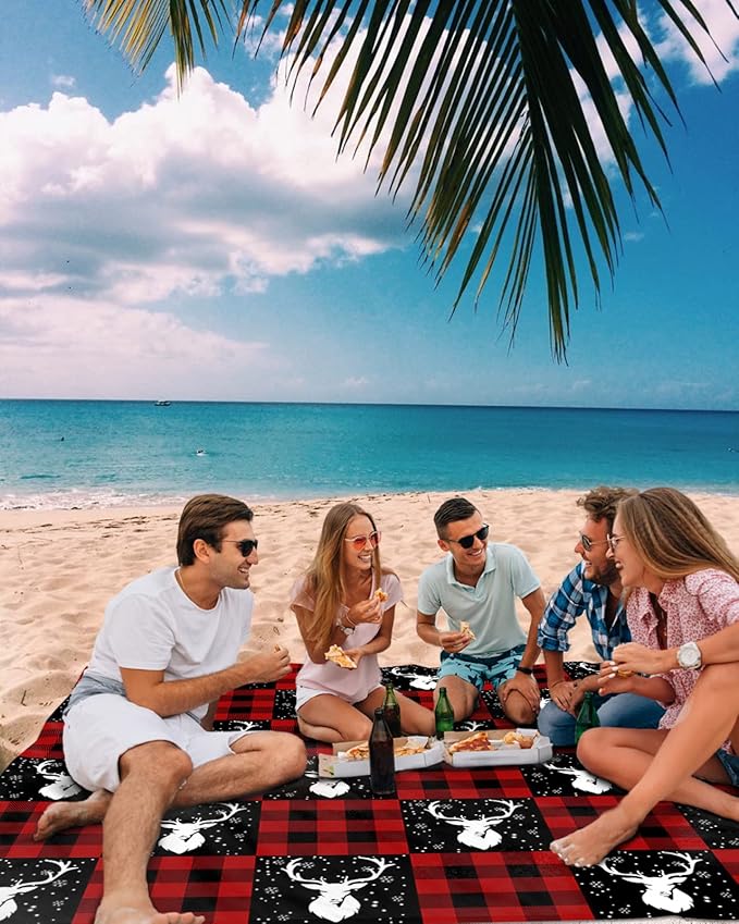 Beach Blanket Waterproof Sandproof Christmas Animal Elk Winter Snowflake Quick Drying Beach Mat with 4 Stakes Red Buffalo Plaid White Shadow Lightweight Picnic Blanket for Travel Camping 108x84