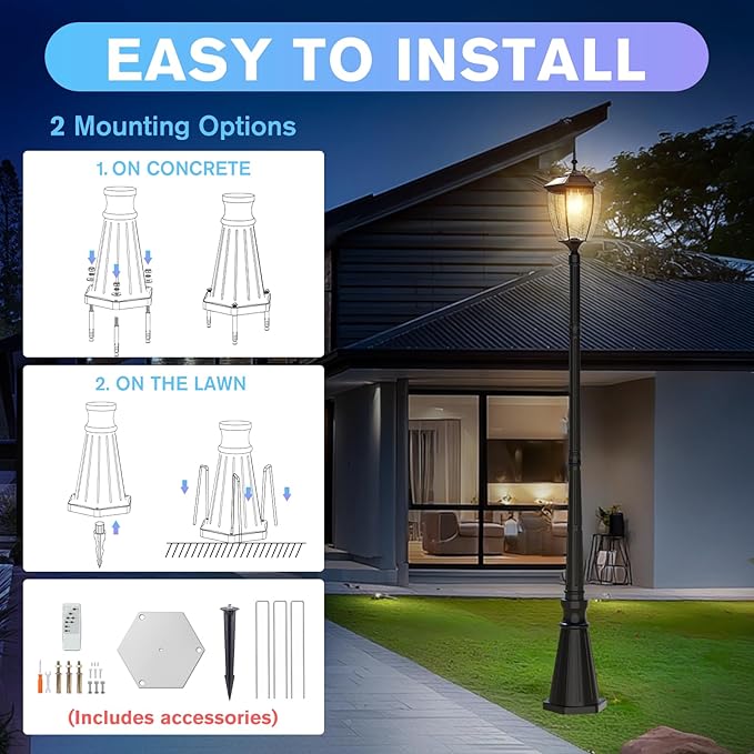 90'' H Solar Post Lights 2700K Solar Lamp Post Light Waterproof Dusk to Dawn Pole Lights Outdoor lamp Posts Lighting for Garden Patio Yard Pathway Gate Remote Control Black(Warm White)