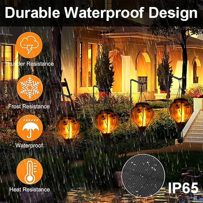 Hot Air Balloon Solar Lantern with Flickering Flame Glass Hanging Garden Lights Outdoor Waterproof for Tree Yard Patio Mother's Day Gift 18 H Bee