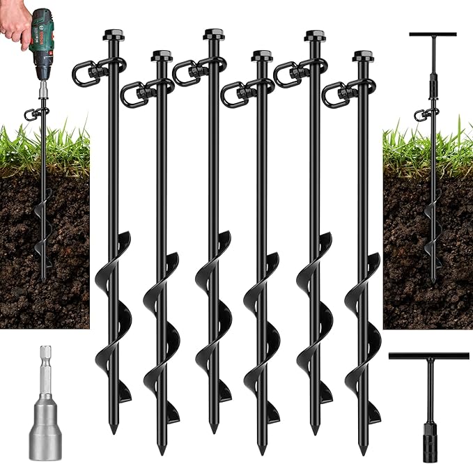 6 Pack Ground Anchor Heavy Duty Earth Anchors with T Handle Hex Wrench &amp Power Nut Driver Metal Stakes Ground Anchors Screw in for Swing Trampoline Tents Securing Animals