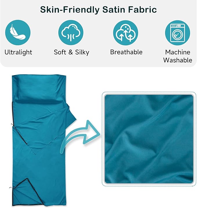Sleeping Bag Liner Ultralight Silky Satin Adult Sleep Sack &amp Self Tan Sleep Sack with Two-Way-Zipper Single Camping Sheet &amp Travel Sheets for Hotel