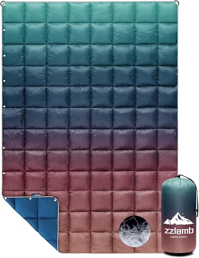 zzlamb Puffy Down Camping Blanket Water-Repellent Down Throw Travel Blanket Portable for Outdoor Light Warm Quilt for Couch Plane Car Theater Stadium Picnic RV Backpacking Hammock