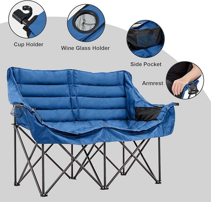 Double Camping Chair for Adults 2 Person Loveseat Camping Chair with Cup &amp Wine Glass Holder Portable Padded Double Folding Lawn Chair for Outdoor Camp Picnic Sports Support 500LBS (Blue)