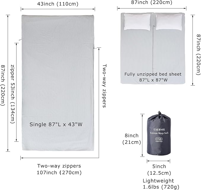 100% Cotton Sleeping Bag Liner with Full Length Zipper on 3 Sides Single/Double Adult Sleep Sack for Travel &amp Camping Multifunctional Travel Sheets (Unzipped 87”x87”) for Hotel Lightweight