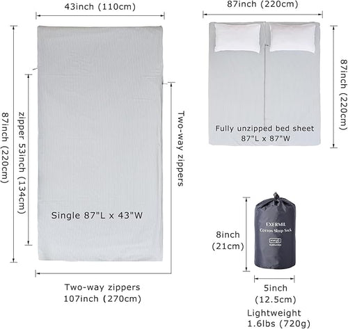100% Cotton Sleeping Bag Liner with Full Length Zipper on 3 Sides Single/Double Adult Sleep Sack for Travel &amp Camping Multifunctional Travel Sheets (Unzipped 87”x87”) for Hotel Lightweight