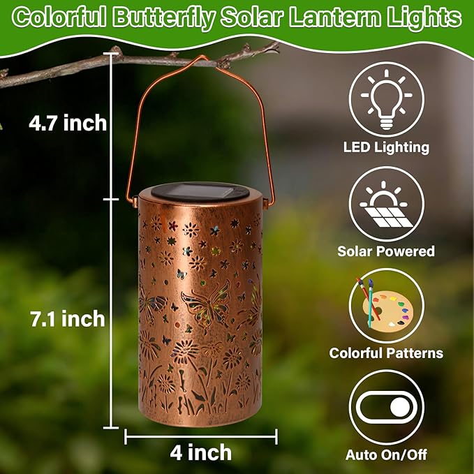 Colorful Butterfly Solar Lanterns Outdoor Waterproof Garden Decor Gifts for Women Mom Sister Grandma LED Hanging Solar Lantern Lights Outside for Table Yard Lawn Garden Path Porch Decor