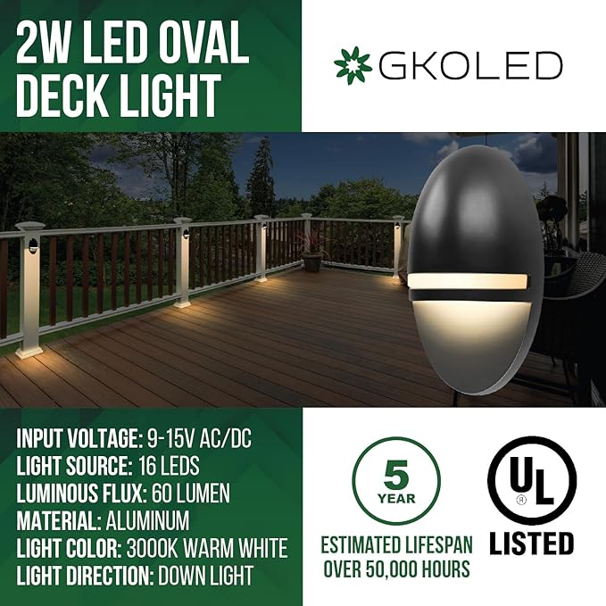 GKOLED 2-Pack Low Voltage LED Post Light Outdoor Waterproof Landscape Deck Lights with 2W Integrated LED Chips 9-15V AC/DC 3000K Die-cast Aluminum Matte Black Powder Coated Finish