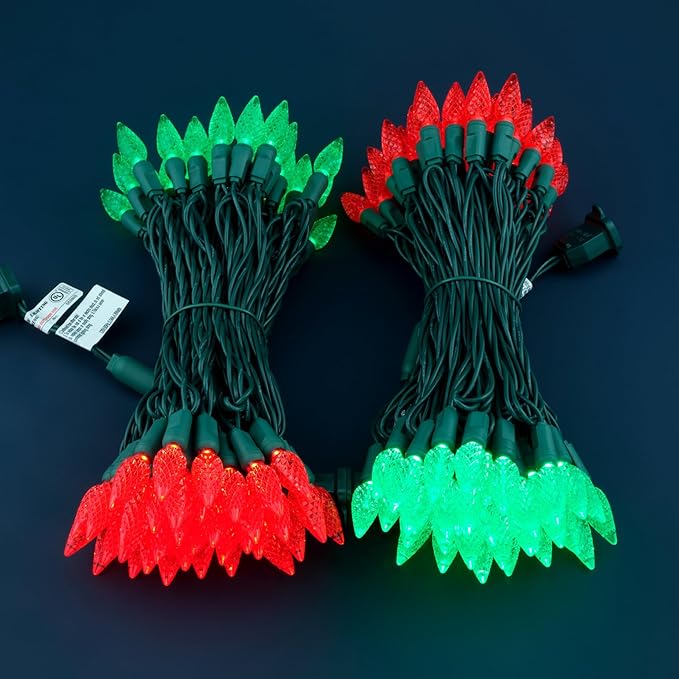 140 Red and Green Strawberry One-Piece LED Christmas Lights Pack of 2 Strands 70 Count 36 ft High Waterproof UL Certified C6 Outdoor String Lights (Red &amp Green)