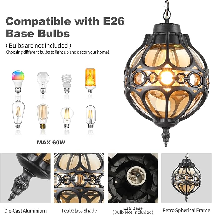 Dusk to Dawn Globe Outdoor Pendant Lights for Porch Garage Black Round Aluminum Anti-Rust Hanging Lighting Fixture Industrial Exterior Ceiling Lantern Light with Amber Glass 2 Pack
